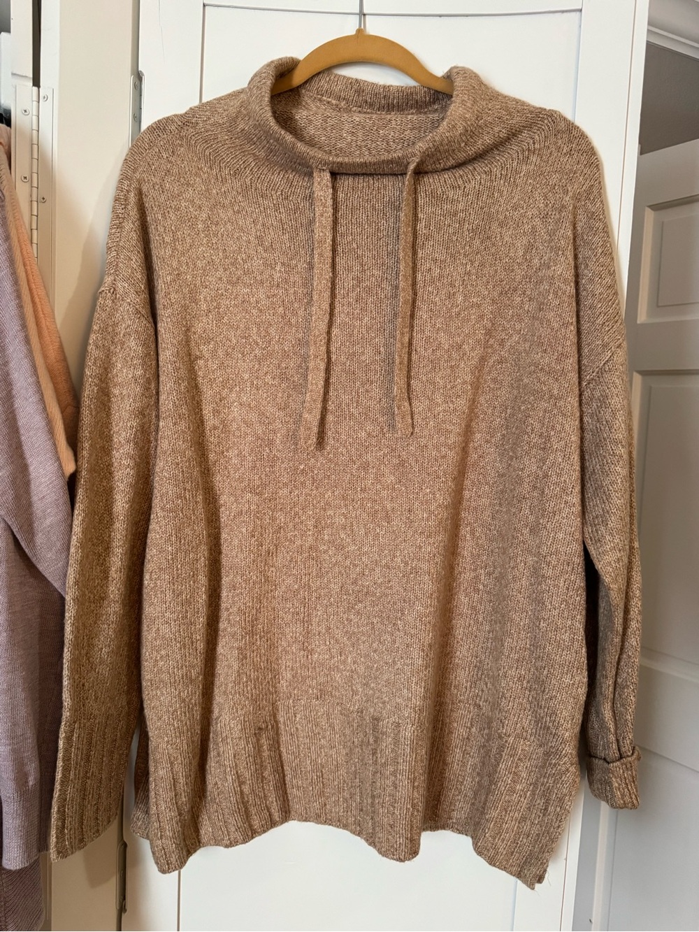 Lou & Grey Drawstring Funnel-Neck Sweater in Light Brown